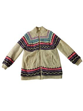 Vintage Womens Knit Reversible Jacket Southwestern Beige With Pink Purple Large